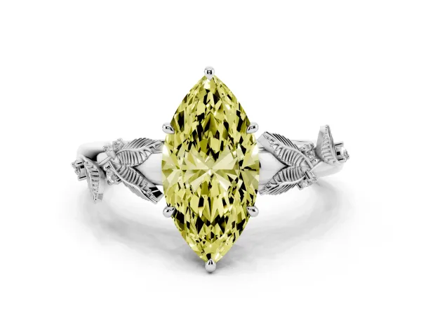 Fancy Yellow Marquise Cut Diamond Solitaire Ring with Leaf Motif Band and Four-Prong Setting White gold