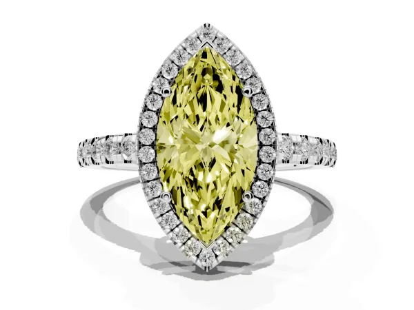 Fancy Yellow Marquise Cut Diamond Halo Ring with Pavé Band and Four-Prong Setting Platinum