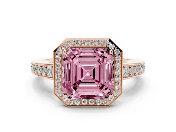 Fancy Pink Asscher Cut Halo Pavé Diamond Engagement Ring with Bezel Setting Rose gold