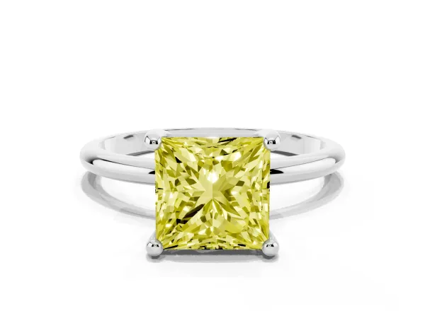 Fancy Yellow Princess Cut Solitaire Diamond Ring with 4-Prong Setting on a Classic Band White gold