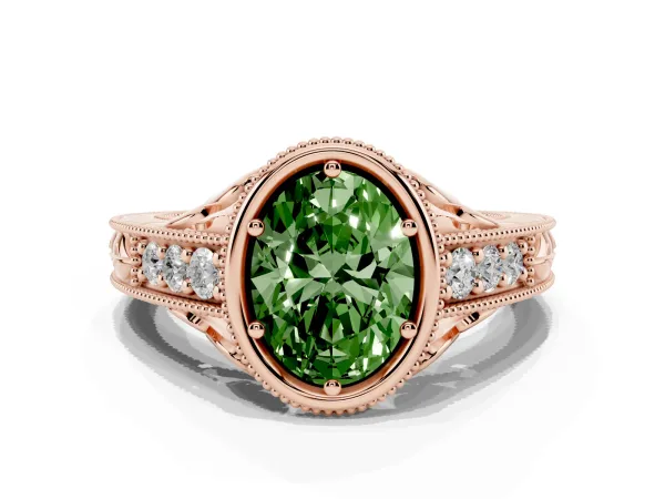 Fancy Green Bezel Set Oval Cut Diamond Milgrain Pave Engagement Ring Rose gold