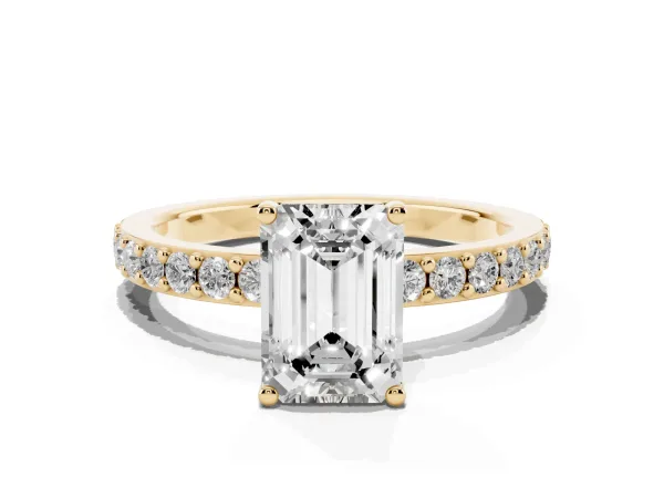 Emerald Cut Cut Diamond Solitaire with Pave Band and Four-Prong Setting Yellow gold