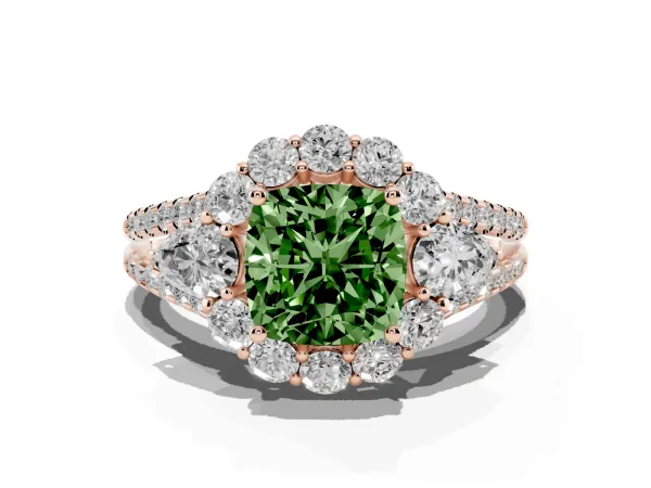 Fancy Green Cushion Cut Halo Split Shank Diamond Engagement Ring with Prong Setting Rose gold