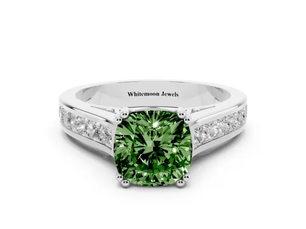 Fancy Green Cushion Cut Cut Channel Set Solitaire Engagement Ring with Prong Setting Platinum
