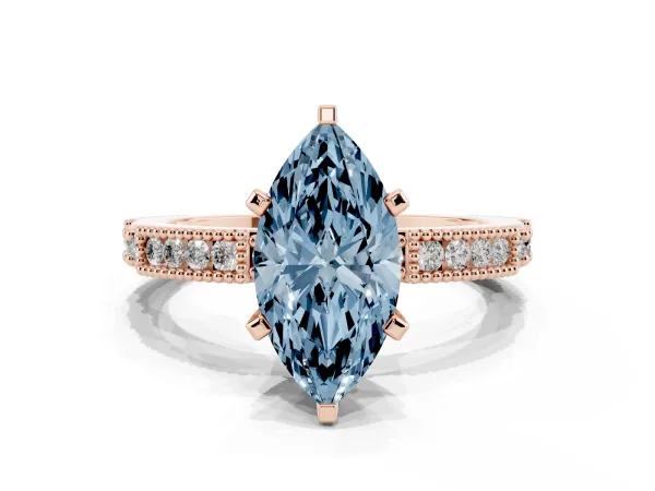 Fancy Blue Marquise Cut Solitaire with Pavé Band and Four-Prong Setting Rose gold