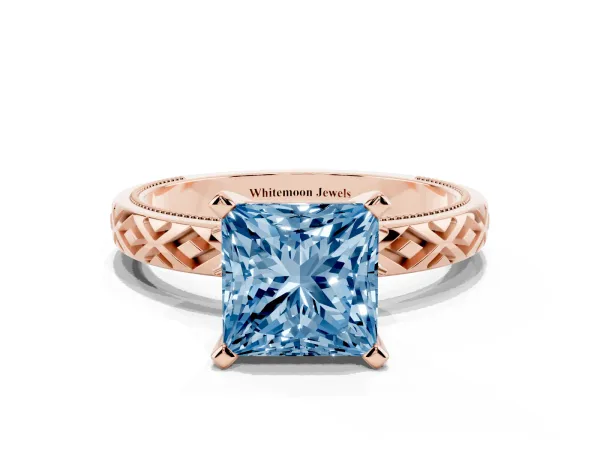 Fancy Blue Princess Cut Solitaire Diamond Ring with Milgrain and Black Enamel X Pattern Band Rose gold