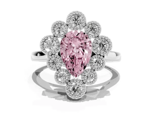Fancy Pink Pear Cut Halo Diamond Cluster Engagement Ring with Milgrain Bezel Setting and Solitaire Band Platinum