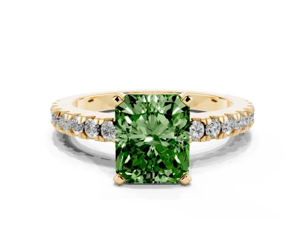 Fancy Green Radiant Cut Solitaire Diamond with Pavé Band and Four-Prong Setting Yellow gold