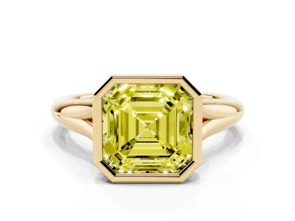 Fancy Yellow Bezel Set Asscher Cut Solitaire Diamond Ring with Smooth Band Yellow gold