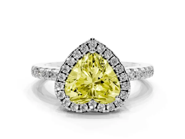 Fancy Yellow Heart Cut Halo Diamond Engagement Ring with Pavé Band and Four-Prong Setting Platinum