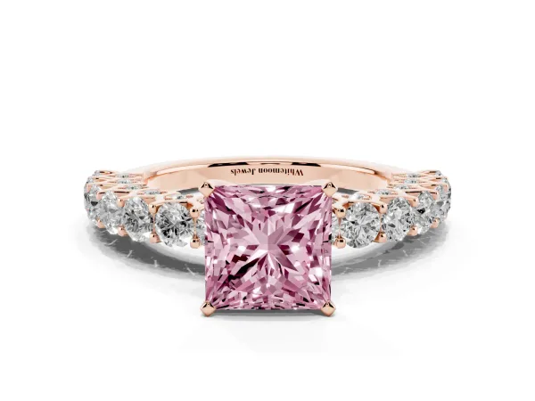 Fancy Pink Princess Cut Diamond Solitaire Ring with Shared Prong Pavé Band and Four-Prong Setting Rose gold