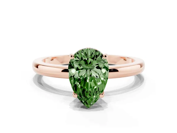 Fancy Green Pear Cut Solitaire Diamond Ring with Prong Setting and Plain Band Rose gold