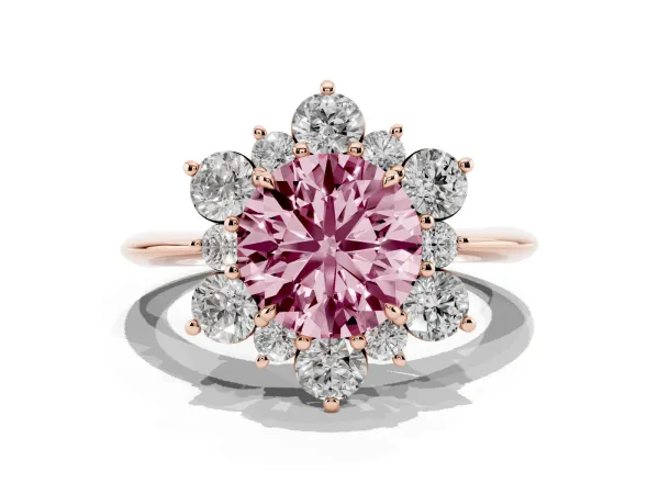 Fancy Pink Round Cut Diamond Cluster Halo Ring with Solitaire Band and Four-Prong Setting Rose gold