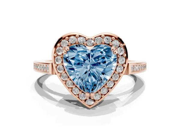 Fancy Blue Heart Cut Diamond Halo Ring with Split Shank and Four-Prong Setting Rose gold