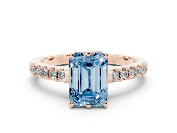Fancy Blue Emerald Cut Solitaire Diamond Engagement Ring with Pavé Band and Six-Prong Setting Rose gold
