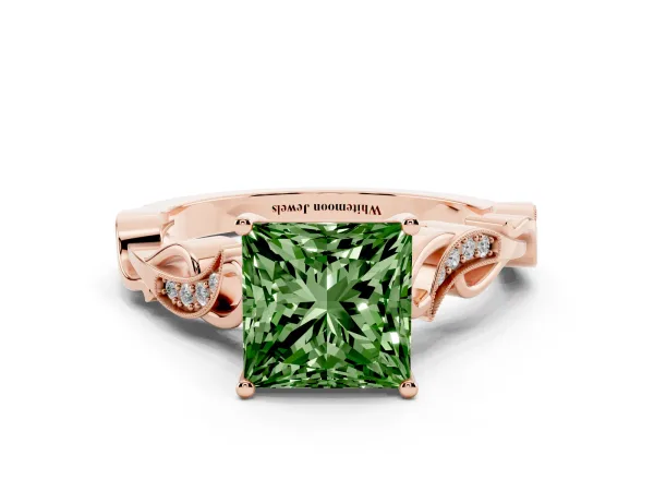Fancy Green Princess Cut Solitaire Vine Band with Milgrain Prong Setting Rose gold