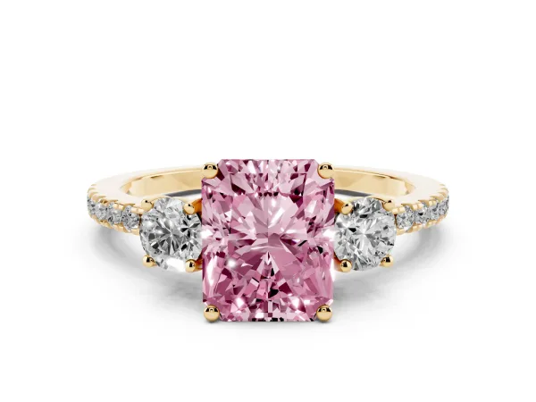 Fancy Pink Three-Stone Radiant Cut Cut Diamond Pavé Band with Prong Setting Yellow gold