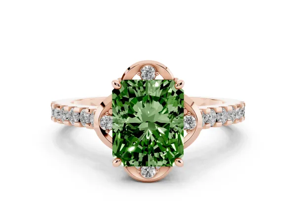 Fancy Green Radiant Cut Diamond Ring with Pavé Band and Floral Prong Setting Rose gold