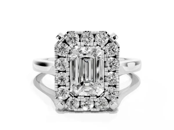 Emerald Cut Diamond Cluster Halo Solitaire with Four-Prong Setting Platinum