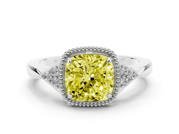 Fancy Yellow Hexagonal Halo Cushion Cut Diamond Solitaire with Pavé Band and Four-Prong Setting Platinum