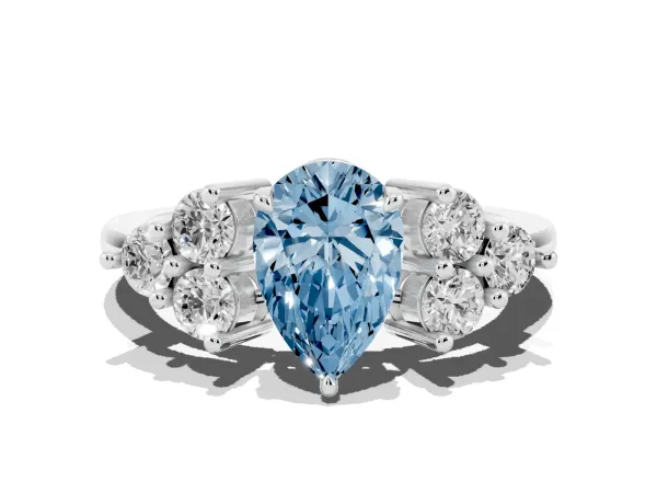 Fancy Blue Pear Cut Brilliant Diamond Cluster Accent Solitaire Ring with Prong Setting Platinum