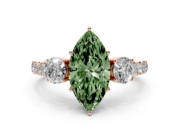 Fancy Green Marquise Cut Cut Diamond Three-Stone Ring with Round Side Stones and Pavé Band Rose gold