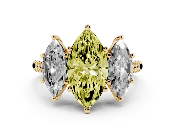 Fancy Yellow Three-Stone Marquise Cut Diamond Ring with Round Pavé Band and Prong Setting Yellow gold