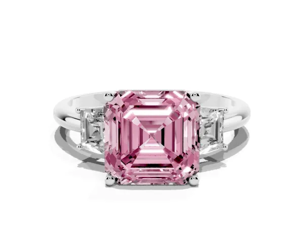 Fancy Pink Asscher Cut Diamond Three-Stone Ring with Trapezoid Side Stones and Prong Setting Platinum