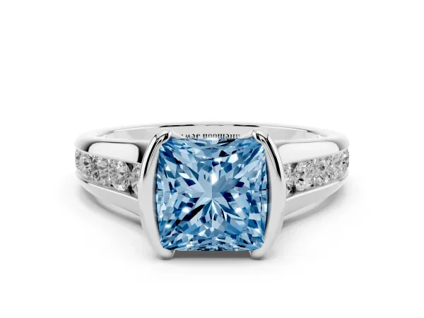 Fancy Blue Princess Cut Solitaire Bezel-Set Diamond Ring with Channel-Set Band Platinum