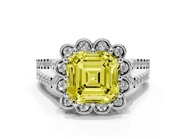 Fancy Yellow Asscher Cut Halo Diamond Floral Split Shank Engagement Ring Platinum