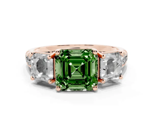 Fancy Green Three-Stone Asscher Cut Diamond Pavé Band with Prong Setting Rose gold