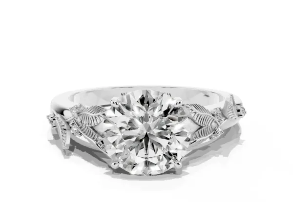Round Cut Diamond Solitaire Ring with Leaf Motif Band and Four-Prong Setting White gold