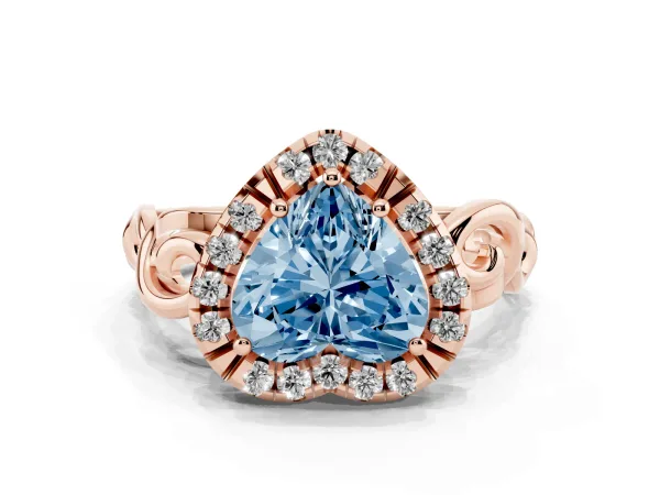 Fancy Blue Heart Cut Cut Halo Diamond Ring with Scrollwork Band and Four-Prong Setting Rose gold