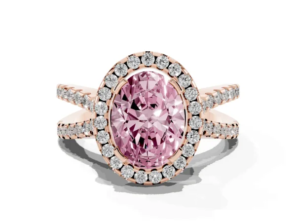 Fancy Pink Oval Cut Diamond Halo Ring with Split Shank Pavé Band and Prong Setting Rose gold