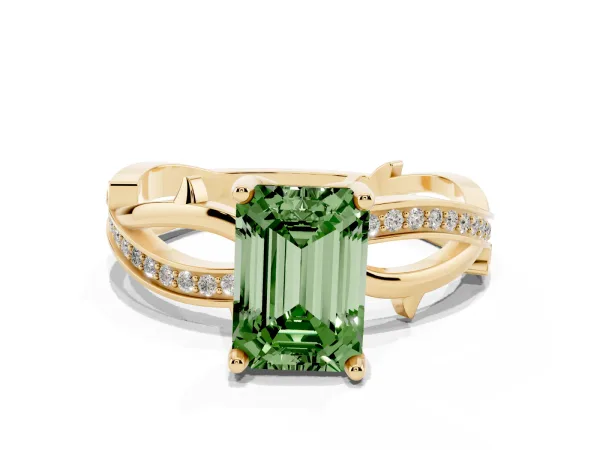 Fancy Green Emerald Cut Solitaire Twist Band with Pavé Accents and Four-Prong Setting Yellow gold