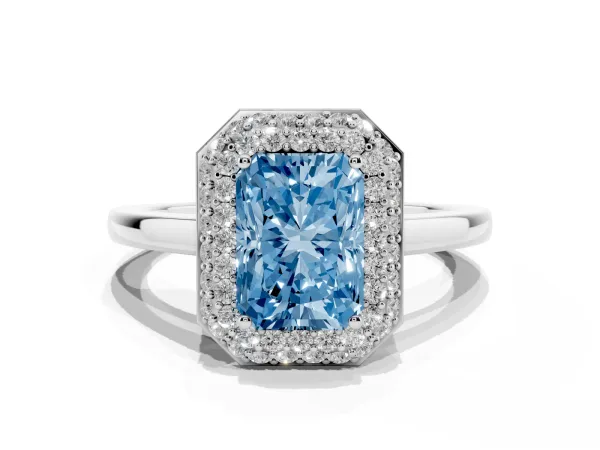 Fancy Blue Radiant Cut Halo Diamond Engagement Ring with Solitaire Band and Four-Prong Setting White gold