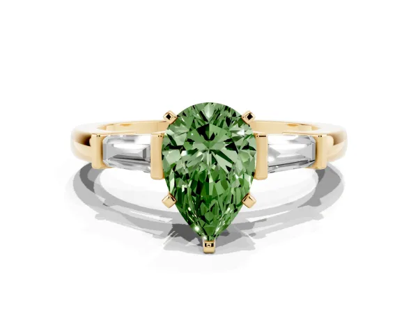 Fancy Green Pear Cut Cut Diamond Solitaire Ring with Tapered Baguette Accents and Four-Prong Setting Yellow gold