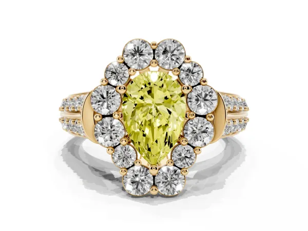 Fancy Yellow Pear Cut Halo Diamond Engagement Ring with Split Shank and Prong Setting Yellow gold