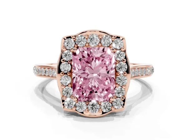 Fancy Pink Radiant Cut Halo Round Diamond Pave Band with Four-Prong Setting Rose gold