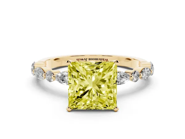 Fancy Yellow Princess Cut Diamond Ring with Marquise and Round Side Stones and Four-Prong Setting Yellow gold