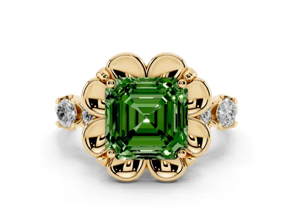 Fancy Green Asscher Cut Cut Diamond Floral Halo Engagement Ring with Shared Prong Setting Yellow gold