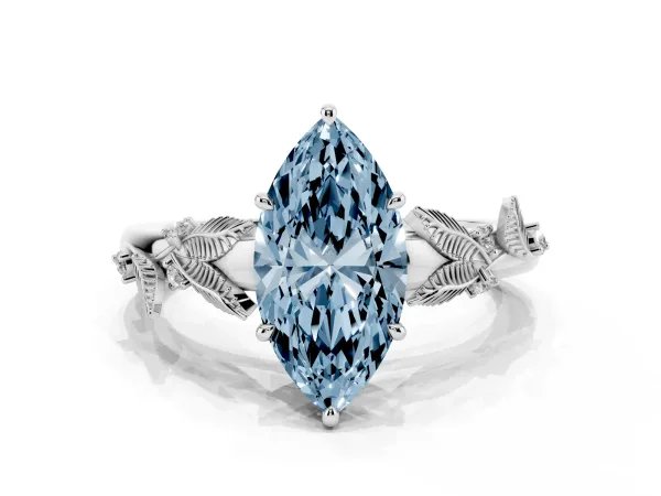 Fancy Blue Marquise Cut Diamond Solitaire Ring with Leaf Motif Band and Four-Prong Setting White gold