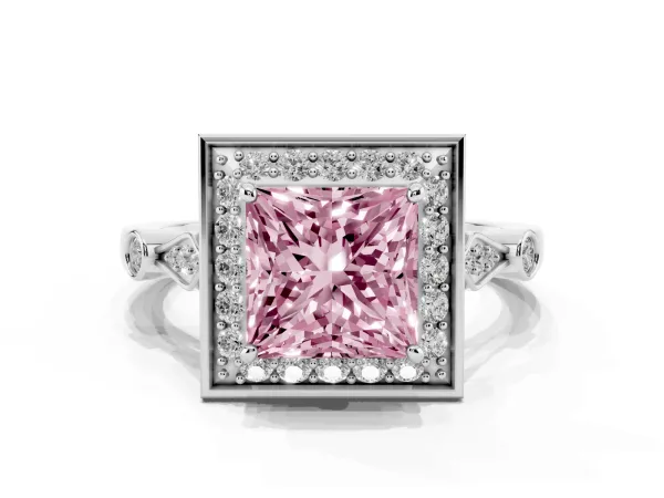 Fancy Pink Princess Cut Halo Diamond Engagement Ring with Twisted Band and Four-Prong Setting Platinum