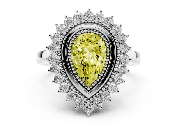 Fancy Yellow Pear Cut Halo Diamond Ring with Milgrain Edge and Round Prong Setting Platinum