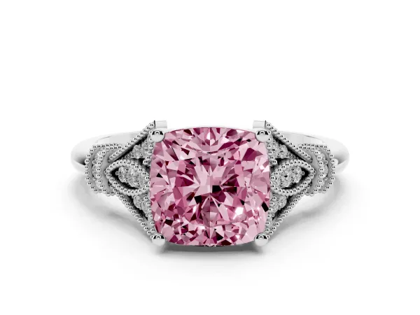 Fancy Pink Cushion Cut Diamond Solitaire Ring with Floral Filigree and Pave Accents Platinum