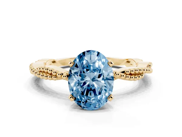 Fancy Blue Oval Cut Solitaire Twisted Band with Bead Prong Setting Yellow gold