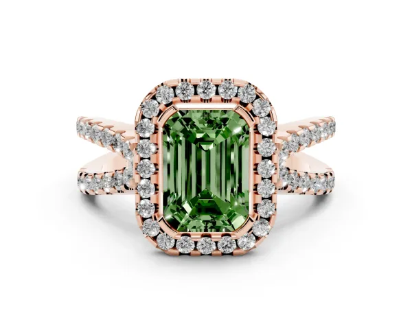 Fancy Green Emerald Cut Diamond Halo Ring with Split Shank Pavé Band and Prong Setting Rose gold