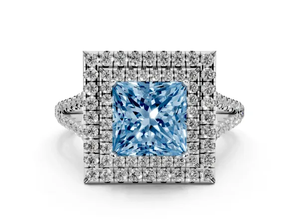 Fancy Blue Princess Cut Diamond Double Halo Ring with Pavé Band and Prong Setting Platinum