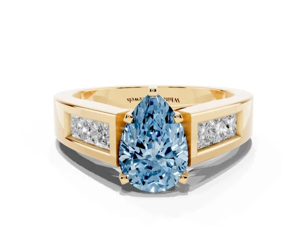 Fancy Blue Pear Cut Cut Channel Set Solitaire Ring with Four-Prong Setting Yellow gold