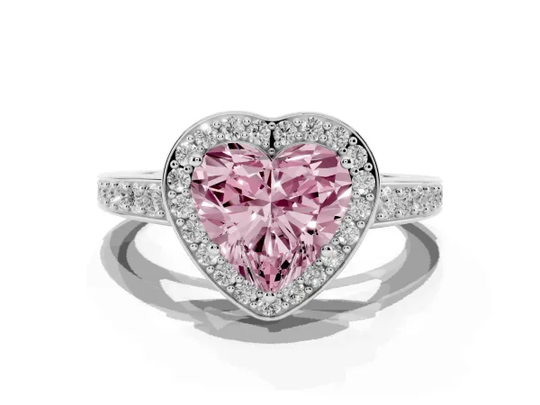 Fancy Pink Heart Cut Halo Pavé Diamond Engagement Ring with Bezel Setting White gold